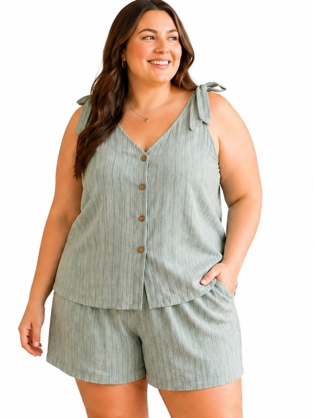 Sage Green 2XL Two Piece Set Tie Strap Top Elastic Waist tie Shorts Set Summer